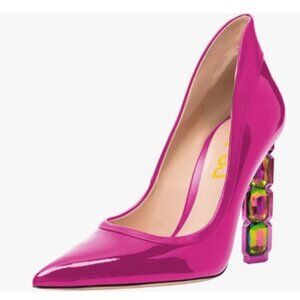 FSJ Deep Pink Pointed Toe Slip On Crystal Pumps Gorgeous Three Diamonds Heel Sho